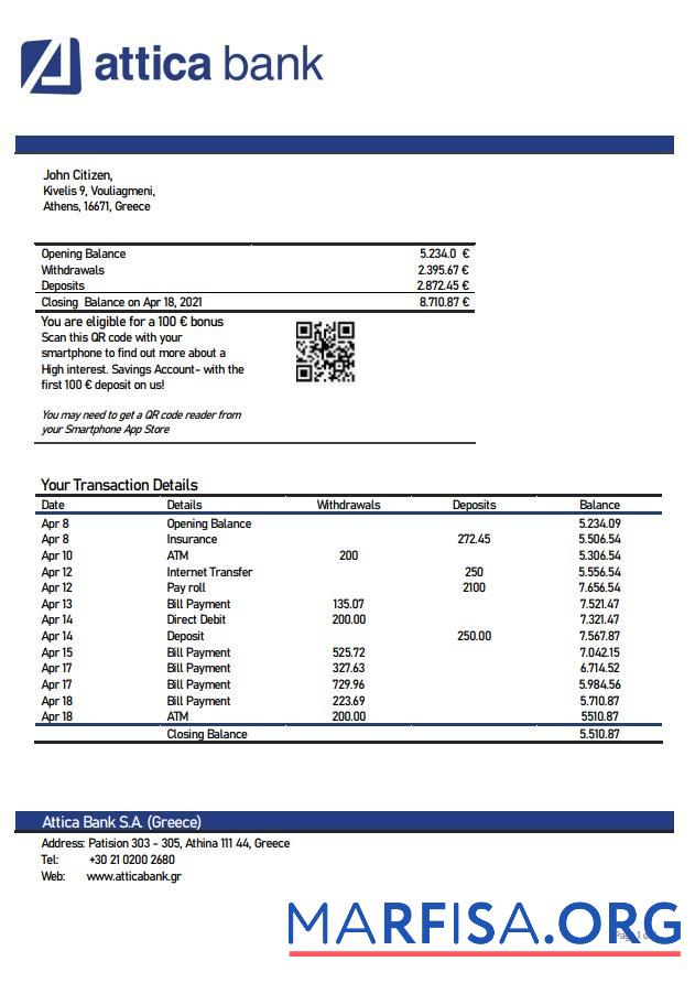 Printable Greece Attica bank statement word example